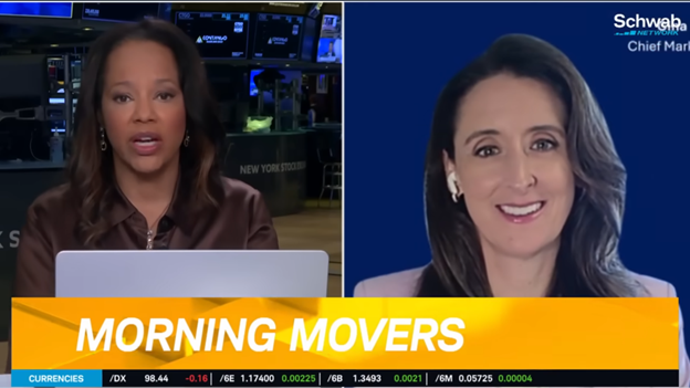 Two women are shown in a split-screen news broadcast. The left side shows an anchor in a newsroom with monitors behind her, while the right side shows a smiling woman with a blue background labeled Schwab Chief Mar. The headline reads MORNING MOVERS.