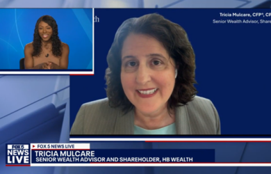 Screenshot of a FOX 5 News Live broadcast. The main screen shows Tricia Mulcare smiling, identified as a senior wealth advisor. An inset shows the news anchor, also smiling, against a blue background.