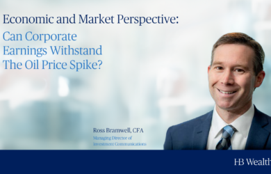 A man in a suit smiles beside text reading: Economic and Market Perspective: Can Corporate Earnings Withstand The Oil Price Spike? with his name, Ross Bramwell, CFA, and HB Wealth branding.
